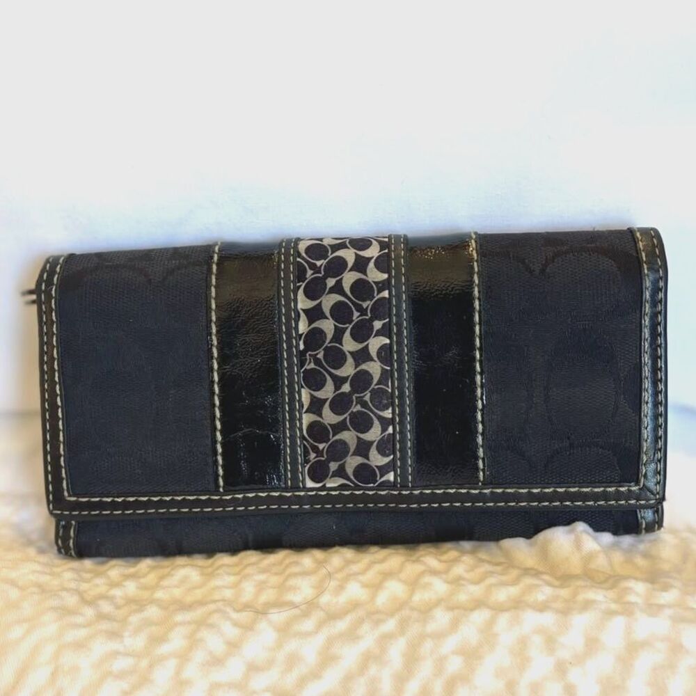 Coach Womens Black Jacquard Canvas Patent Leather C Signature Slim Wallet - Picture 2 of 11